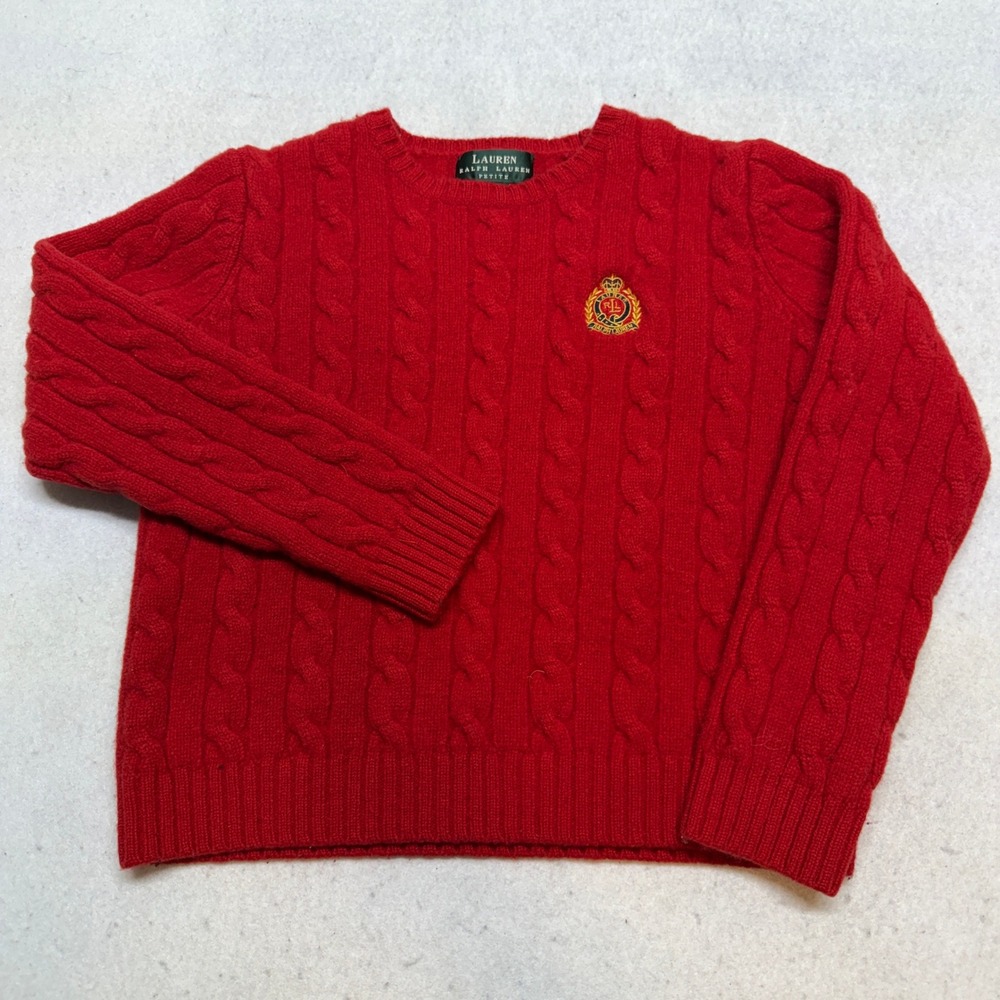Lauren‎ Ralph Lauren Red Cable Knit Lambswool Sweater Crest Logo Vintage 90s PM